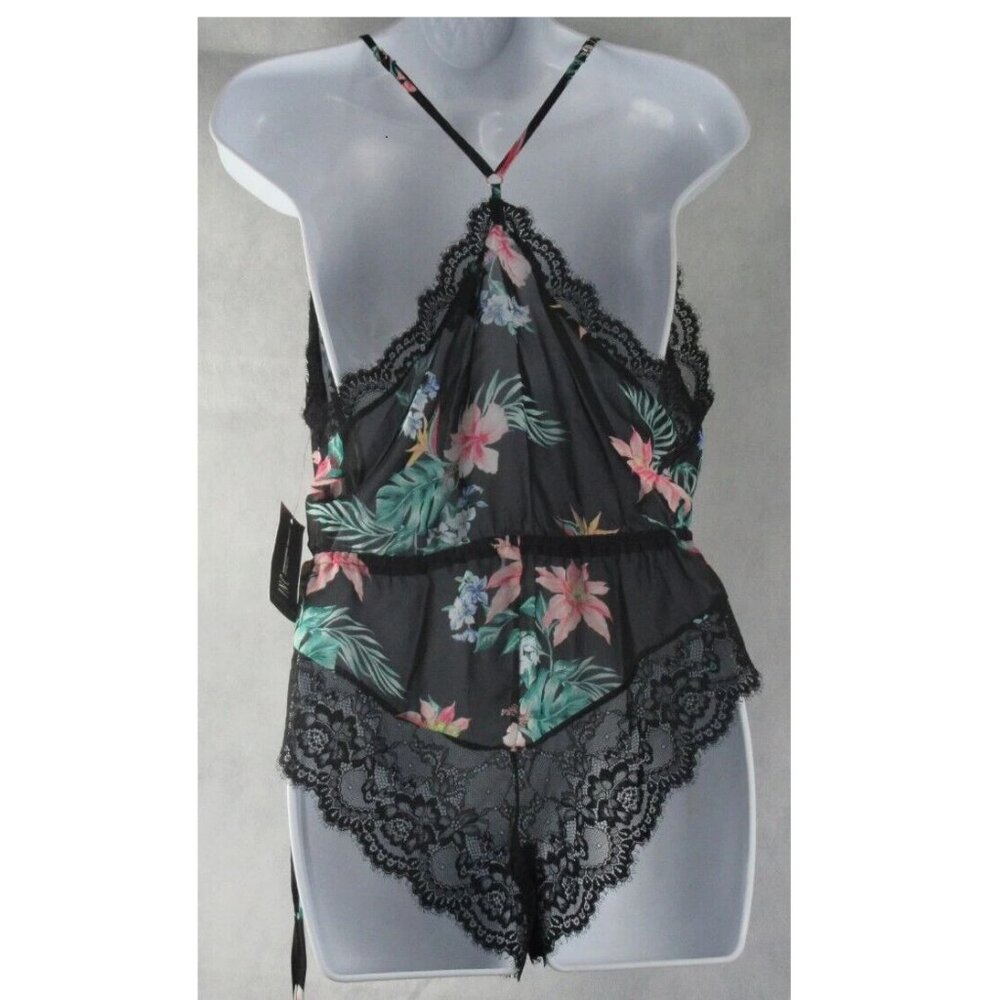INC Women's Lace Chiffon Sexy Floral Lingerie Bodysuit, Black Multi, Medium - Picture 2 of 2